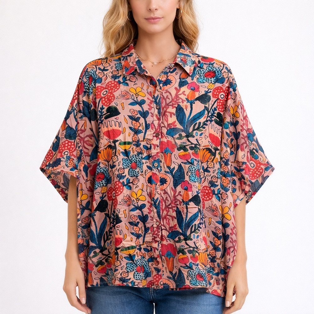 NATURAL LIFE Pink Floral Button-Front Blouse with Multicolor Botanical Print